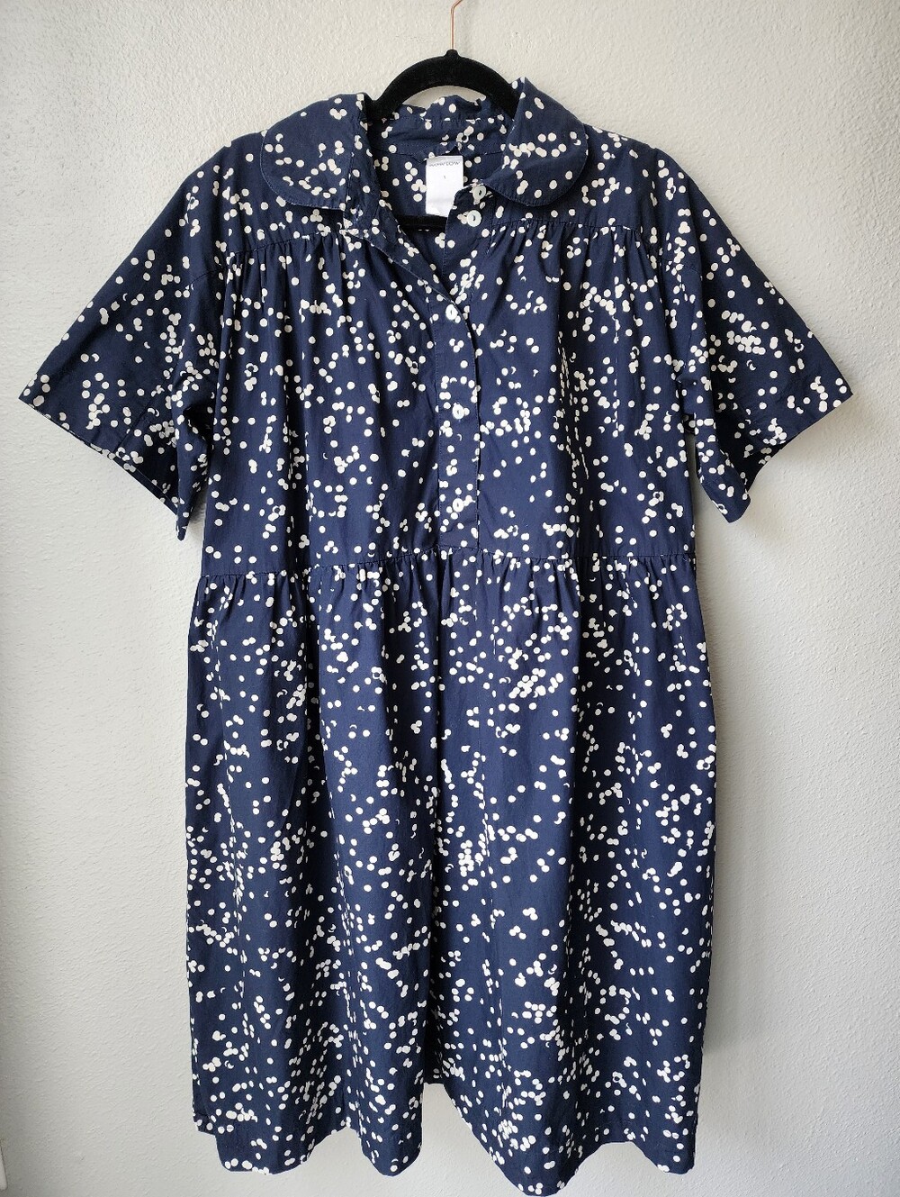 Kowtow Campus Dress Polka Dot Pleated Size Small In Navy Confetti
